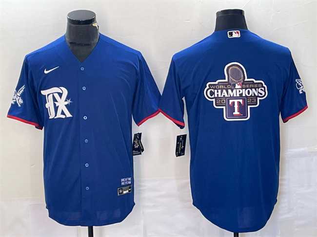 Men%27s Texas Rangers Royal 2023 World Series Champions Big Logo Cool Base Stitched Baseball Jerseys